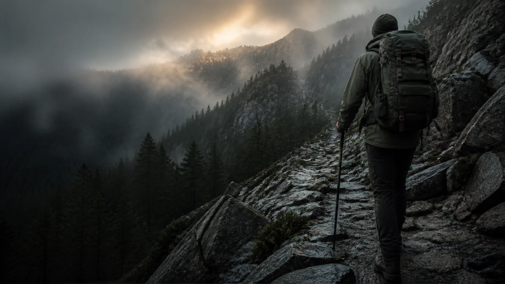 Adult hiker climbing a wet granite trail above a pine valley