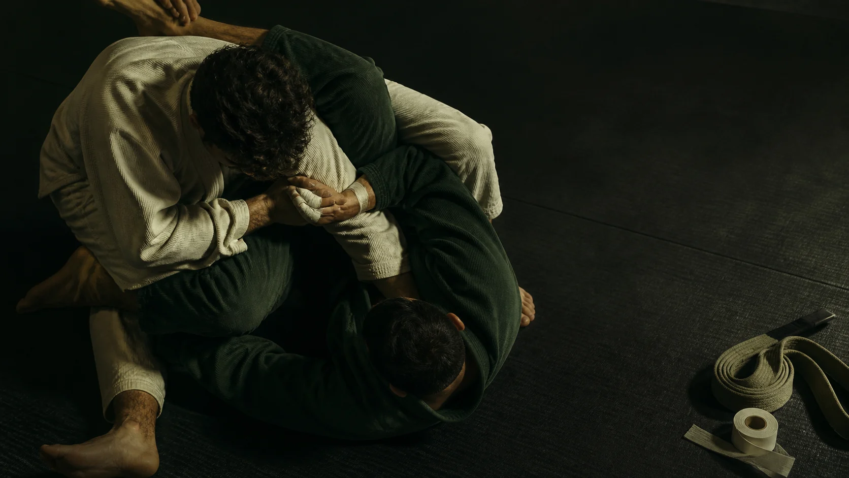 Two adult jiu-jitsu practitioners drilling a controlled ground position