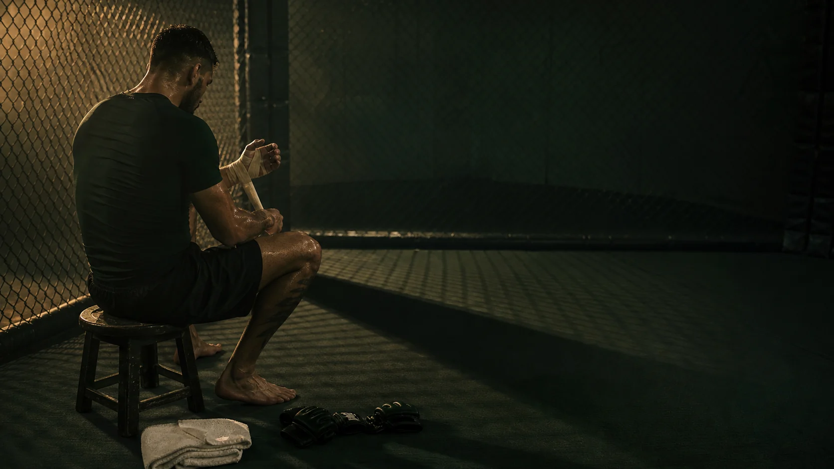 Adult mixed martial artist calmly unwrapping a hand after training
