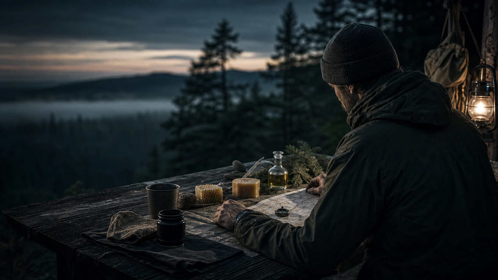 Adult outdoorsman preparing field gear and botanical materials at camp