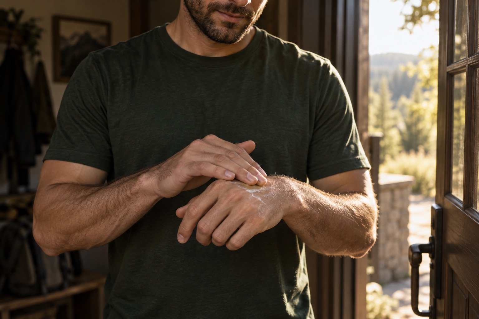 A man applying balm to his hand before heading out for the day